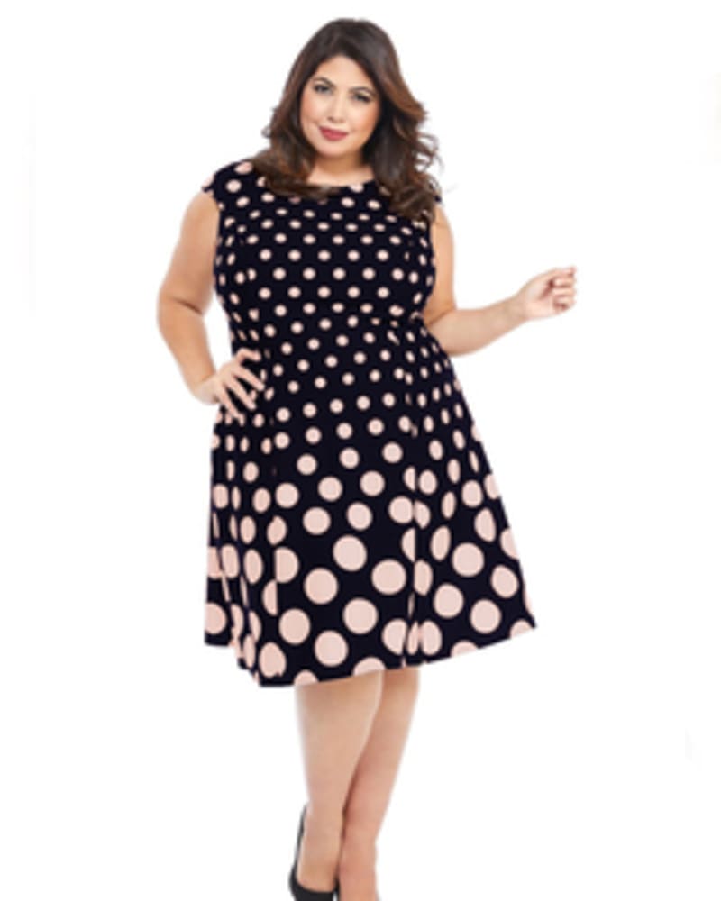 Front of a model wearing a size 14W Andra Fit and Flare Dress in BLACK/BLUSH by London Times. | dia_product_style_image_id:268515